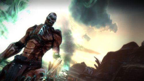 Red-skinned mutant warrior with glowing eyes under a smoky sky
