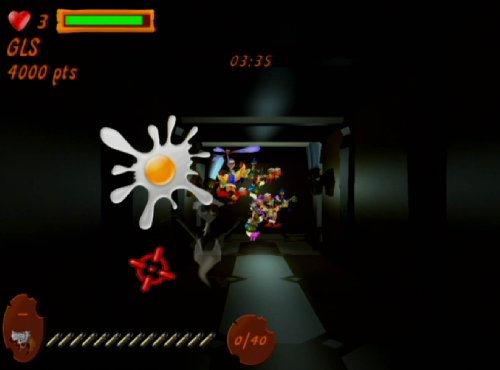 Egg splat on screen in a dark corridor with a flock of chickens ahead