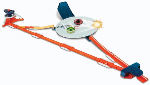 Spinshotz playset from above, two spinner discs clashing in the white arena
