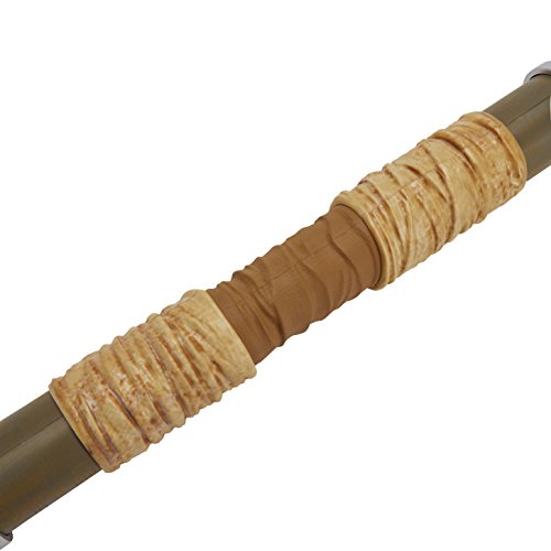 Close-up of the cloth-wrapped center grip of the staff