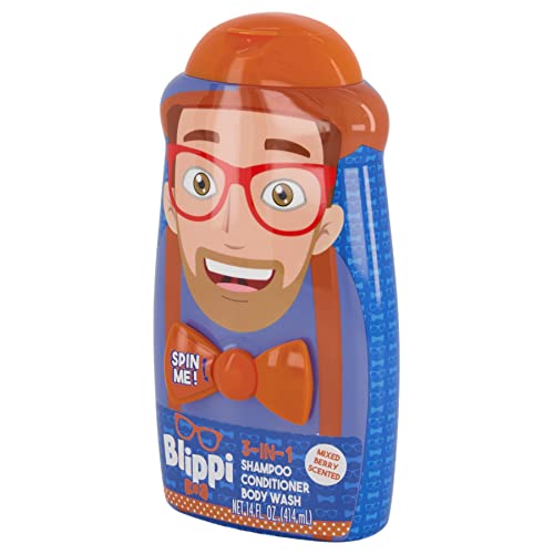 Angled Blippi bottle with orange hat cap and spin-me bow tie