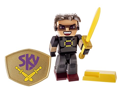 Blocky gamer figure with sunglasses and headset, gold sword, shield and butter bar