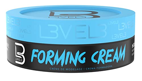 Blue and black jar of L3VEL3 Forming Cream for hair styling