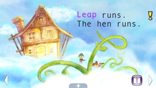 Story page with a cottage in the clouds: Leap runs, the hen runs