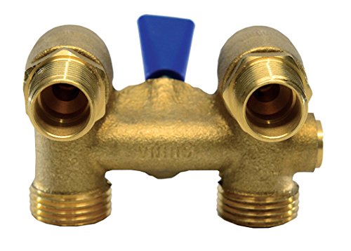 Front view of the brass washing machine valve with two threaded outlets