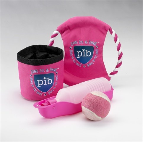 Pink dog park set: travel bowl, rope flyer toy, water bottle and tennis ball