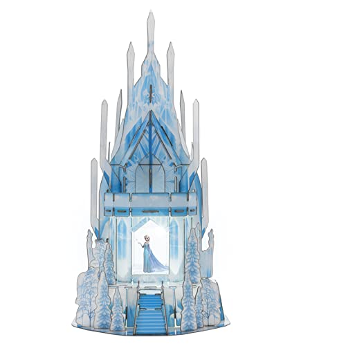 Built blue and white ice castle puzzle with an Elsa image glowing inside