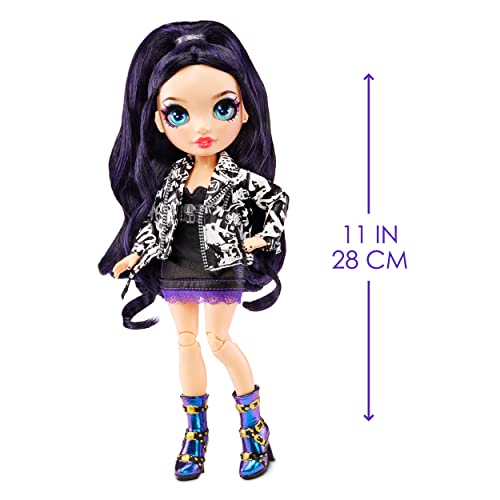 Doll in a black and white jacket and purple boots, 11 inches tall