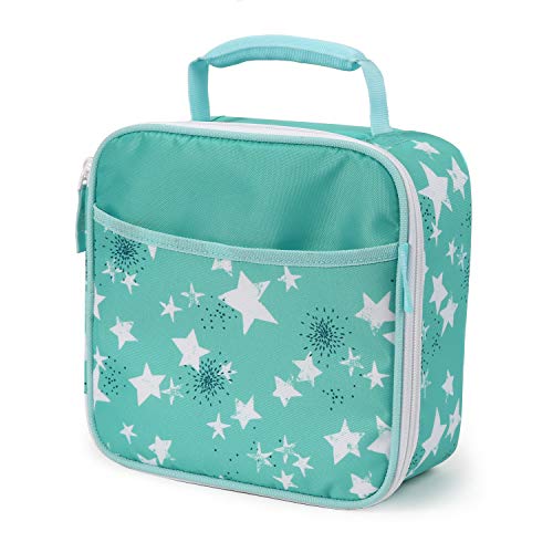 Teal lunch bag with white stars, front pocket and carry handle