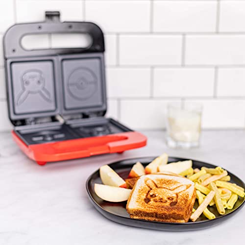 Open sandwich maker with Pikachu and Poke Ball plates and a Pikachu sandwich