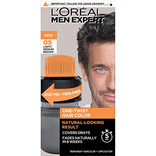 L’Oréal Paris Men Expert One Twist Mess Free Permanent Hair Color, Mens Hair Dye to Cover Grays, Easy Mix Ammonia Free Application, Light Medium Brown 05, 1 Application Kit
