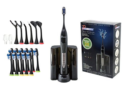 Black Pursonic sonic toothbrush on its charging stand with 12 brush heads, extras and box