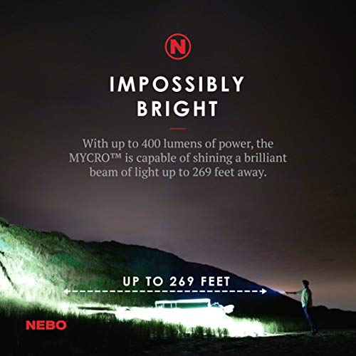 NEBO Mini Rechargeable Keychain Flashlight: Features 6 Unique Light Modes, Including 400 Lumen Turbo Mode and 3 LED Color Options; Easily Secured via Necklace, Lanyard or Keyring – MYCRO 6714 (Black)