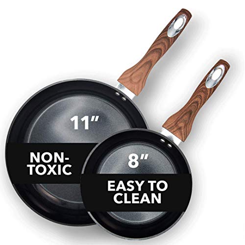 Black 11 and 8 inch nonstick frying pans with wood-look handles