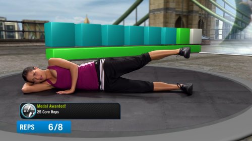 Woman doing side-lying leg raises on a rooftop mat, rep counter 6 of 8