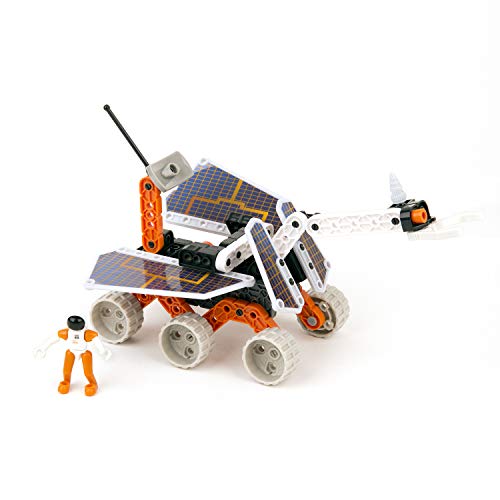 Side view of the built rover with its extended arm, wheels and astronaut