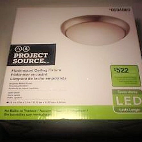 Boxed flush mount ceiling fixture with a brushed nickel rim and LED label