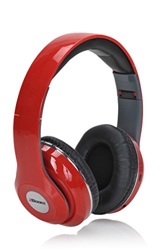 Glossy red 2Boom over-ear headphones with black cushioned ear pads