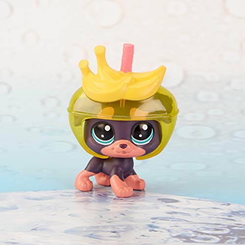 Purple dachshund figure in a yellow banana slushie cup helmet