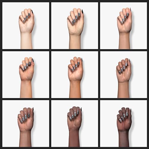 Silver chrome polish shown on nine hands across a range of skin tones