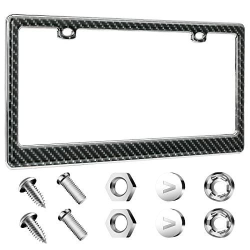 Black carbon fiber pattern license plate frame with chrome screws, nuts and caps