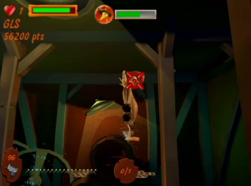 Shooter gameplay targeting a chicken in a dark wooden mill