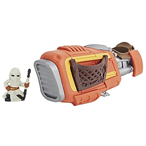 Micro Force Rey mini figure with staff beside her orange Jakku speeder