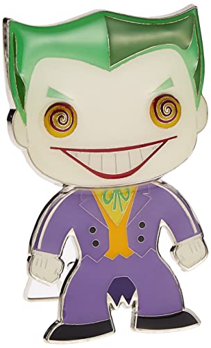 Enamel pin of a green-haired grinning clown villain in a purple suit