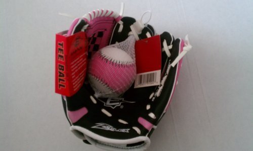 Black and pink Easton Z-Flex tee ball mitt holding a pink and white ball, with tags