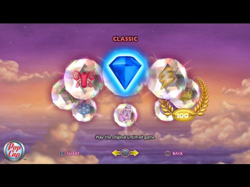 Mode select screen with Classic mode highlighted on a blue gem