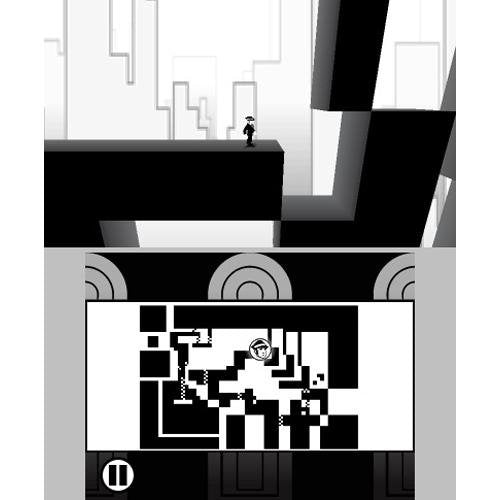 Small figure on a black ledge in a monochrome city with a map below