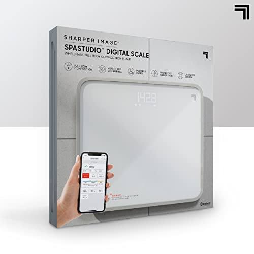 Smart scale box front with a hand holding a phone showing the scale app