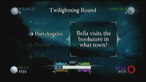 Trivia question screen: Bella visits the bookstore in what town