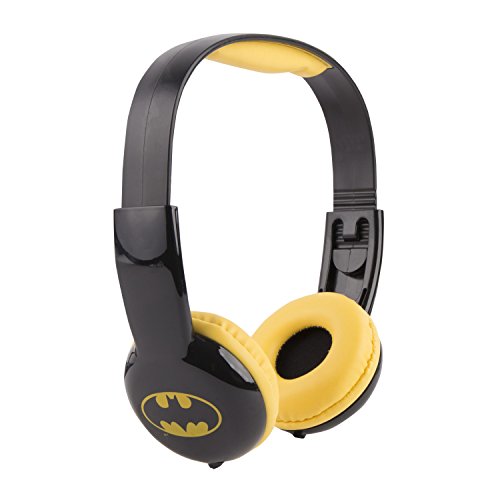 Black and yellow Batman kids' headphones angled to show the bat symbol earcup