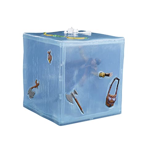 Blue cube figure with an axe, satchel and a trapped figure inside