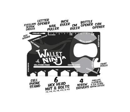 Wallet Ninja Multitool Card – 18 in 1 Credit Card Multi-Tool (Bottle Opener, Can Opener, Screwdrivers, Phone Stand & More) – Black