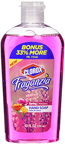 Bottle of pink spring scent hand soap, 10 fl oz, bonus 33 percent more