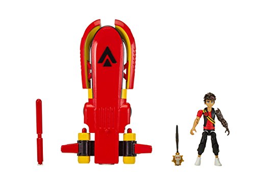 Red and yellow hover vehicle with Zak figure, sword and missile out of the box