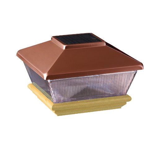 Copper-top solar LED post cap with ribbed clear lens and wood-tone base