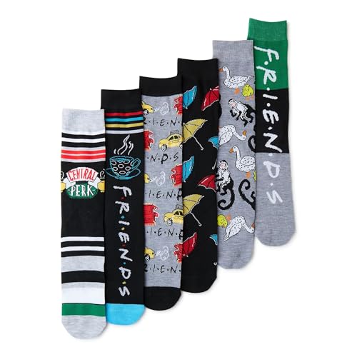 Six crew socks with Central Perk, coffee cup, yellow taxi, umbrellas, monkey and duck designs