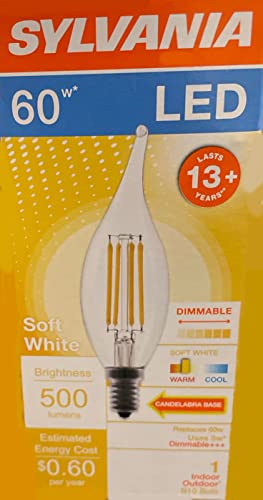 Box of a clear flame-tip candelabra LED filament bulb, 60W equivalent, 500 lumens