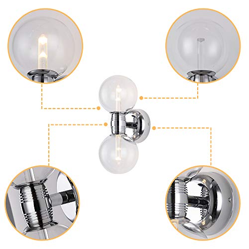 Globe sconce with close-ups of the LED rod, glass, collar and wall plate