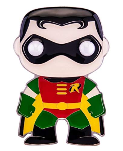 Enamel pin of a masked sidekick in a red tunic, green sleeves and yellow cape