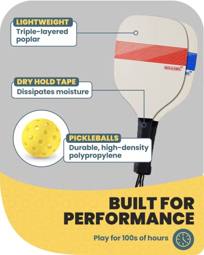 Paddle features: lightweight poplar, dry hold tape and durable balls