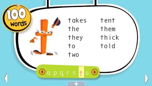 100 words screen with a cartoon letter t and t words