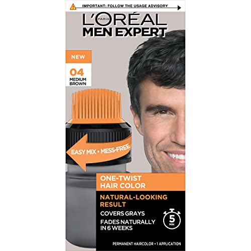 L’Oréal Paris Men Expert One Twist Mess Free Permanent Hair Color, Mens Hair Dye to Cover Grays, Easy Mix Ammonia Free Application, Medium Brown 04, 1 Application