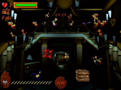 Crosshair in a dark mansion hall with chickens flying overhead