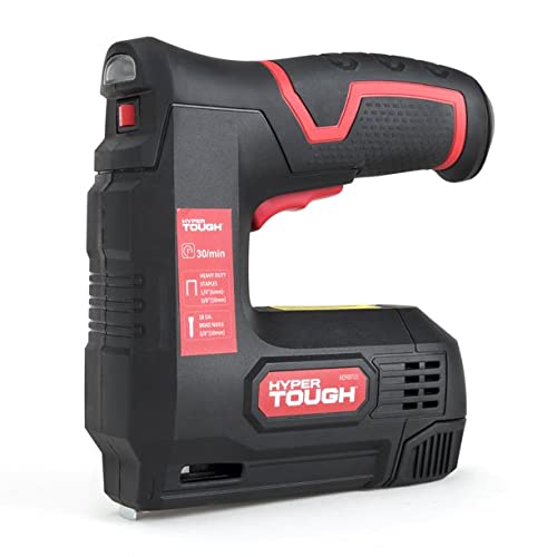 Black and red cordless rechargeable staple gun with a rubber grip handle