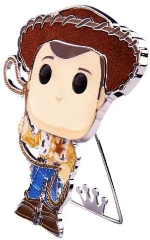 Cowboy enamel pin at an angle on its fold-out metal stand