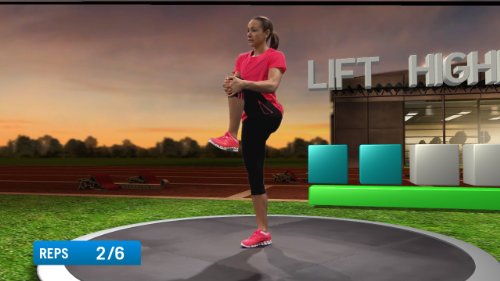 Woman doing high knee lifts on a track at sunset, reps 2 of 6